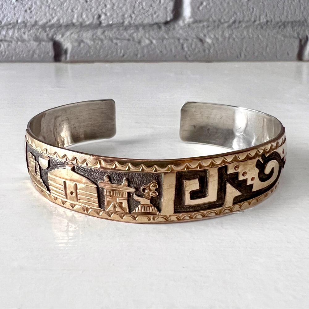 Vintage NATIVE Storyteller 12k Gold Filled Sterling Silver Signed Landscape Cuff